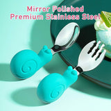 EasYeah 2PCS Utensils, Baby Training Fork and Spoon Set, Kids Stainless Steel Utensil Set, Snail Model Spoon Fork Children Self-Feeding Utensil